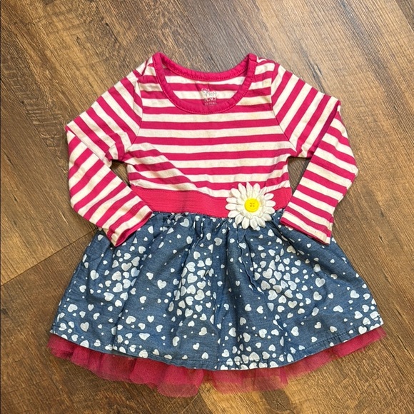 Children’s Place Pink and Blue Striped Dress with Heart‎ Skirt 12-18 months - Picture 1 of 3
